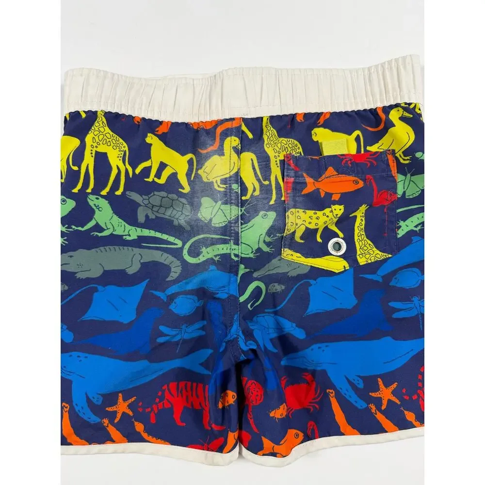 Mini Boden Animal Print Swim Trunks Navy Multicolor Size 5-6 swim shorts
